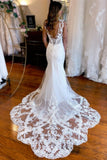 Designer Long Mermaid V-neck Backless Lace Sleeveless Wedding Dresses With Train-misshow.com