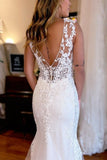 Designer Long Mermaid V-neck Backless Lace Sleeveless Wedding Dresses With Train-misshow.com