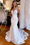 Designer Long Mermaid V-neck Backless Lace Sleeveless Wedding Dresses With Train