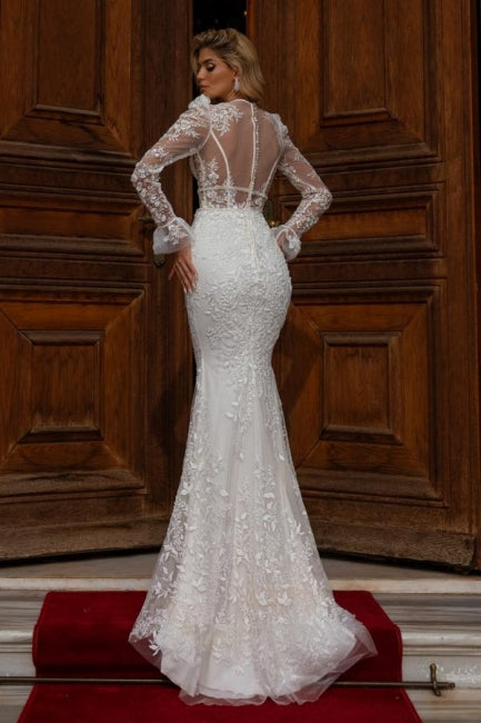Designer Long Mermaid V-neck Lace Wedding Dresses With Long Sleeves-misshow.com