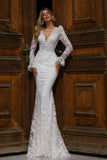 Designer Long Mermaid V-neck Lace Wedding Dresses With Long Sleeves