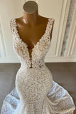 Designer Long Mermaid V-neck Sleeveless Wedding Dresses With Lace-misshow.com