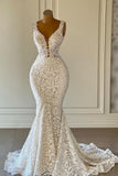 Designer Long Mermaid V-neck Sleeveless Wedding Dresses With Lace-misshow.com