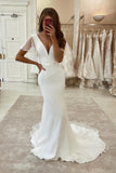 Designer Long Mermaid White Satin Tulle Short Sleeves Wedding Dress With Train-misshow.com