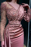 Designer Long Pink Beading Lace Evening Dress With Long Sleeves-misshow.com
