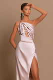 Designer Long Pink One Shoulder Mermaid Sleeveless Prom Dress With Slit-misshow.com