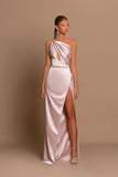 Designer Long Pink One Shoulder Mermaid Sleeveless Prom Dress With Slit-misshow.com