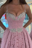 Designer Long Pink Spaghetti Straps Evening Dresses With Lace-misshow.com