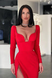 Designer Long Sexy Red Long Sleeves Prom Dress With Slit-misshow.com