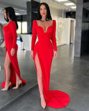 Designer Long Sexy Red Long Sleeves Prom Dress With Slit-misshow.com