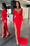 Designer Long Sexy Red Long Sleeves Prom Dress With Slit