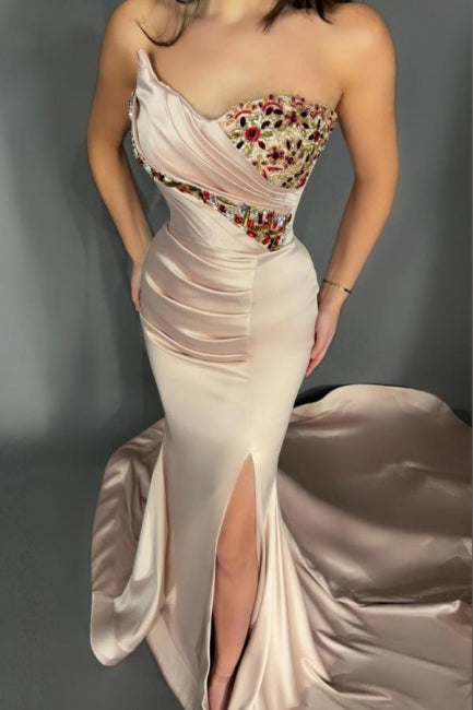 Luxury Beaded Feather Beige High Split Mermaid Evening Dresses Gowns Backless 2025 For Women Party LA70623B