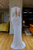 Designer Long White High Neck Long Sleeves Mermaid Sequined Prom Dress
