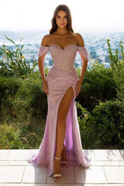 Designer Off-the-shoulder Long Evening Dresses Pink Prom dresses with glitter