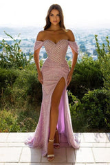 Designer Off-the-shoulder Long Evening Dresses Pink Prom Evening Dresses with glitter-misshow.com