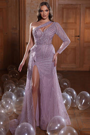 Designer One Shoulder Long Sleeve Beading Prom Dress With Slit