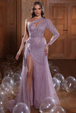 Designer One Shoulder Long Sleeve Beading Prom Dress With Slit-misshow.com