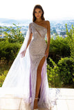 Designer One Shoulder Sequined Sleeveless Prom Dress With Slit-misshow.com