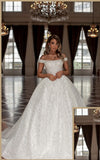 Designer Princess Long White Off-the-shoulder Glitter A-line Wedding Dresses