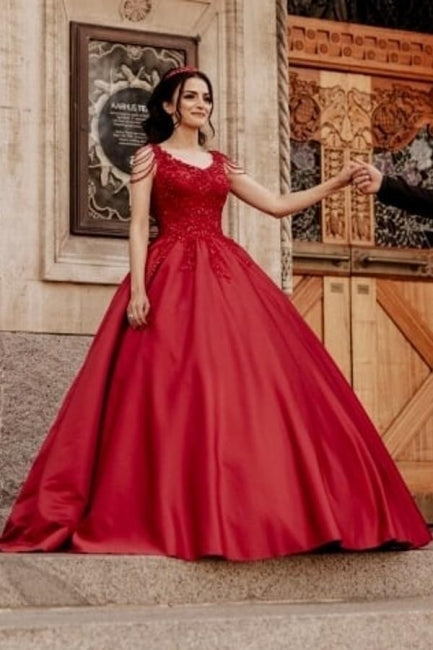 Designer Red A-Line Sleeveless Wedding Dresses With Lace-misshow.com