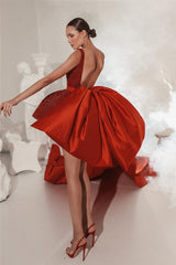 Designer Red Lace Straps Cocktail Dresses Short Glitter Sleeveless Prom Dresses-misshow.com