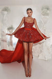 Designer Red Lace Straps Cocktail Dresses Short Glitter Sleeveless Prom Dresses-misshow.com