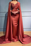Designer Red Long Mermiad V-neck Lace Evening Dresses With Sleeves-misshow.com