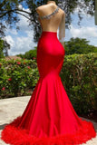 Designer Ruby Tassel Asymmetrical One Shoulder Satin Mermaid Prom Dress with Ruffles-misshow.com
