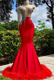 Designer Ruby Tassel Asymmetrical One Shoulder Satin Mermaid Prom Dress with Ruffles