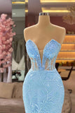 Designer Sky Blue V-neck Sleeveless Mermaid Prom Dress With Lace-misshow.com