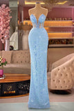 Designer Sky Blue V-Ausschnitt ärmelloses Meerjungfrau-Abschlussballkleid mit Spitze