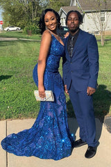 Designer Spaghetti Straps Long Mermaid Lace Sleeveless Prom Dress-misshow.com