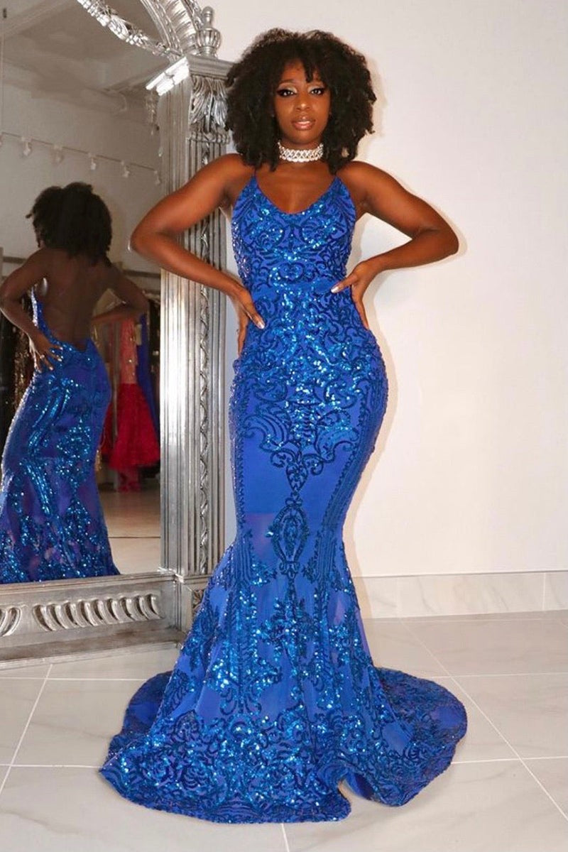 Designer Spaghetti Straps Long Mermaid Lace Sleeveless Prom Dress-misshow.com