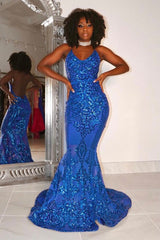 Designer Spaghetti Straps Long Mermaid Lace Sleeveless Prom Dress-misshow.com