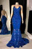 Designer Spaghetti Straps Long Mermaid Lace Sleeveless Prom Dress-misshow.com