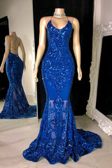 Designer Spaghetti Straps Long Mermaid Lace Sleeveless Prom Dress-misshow.com