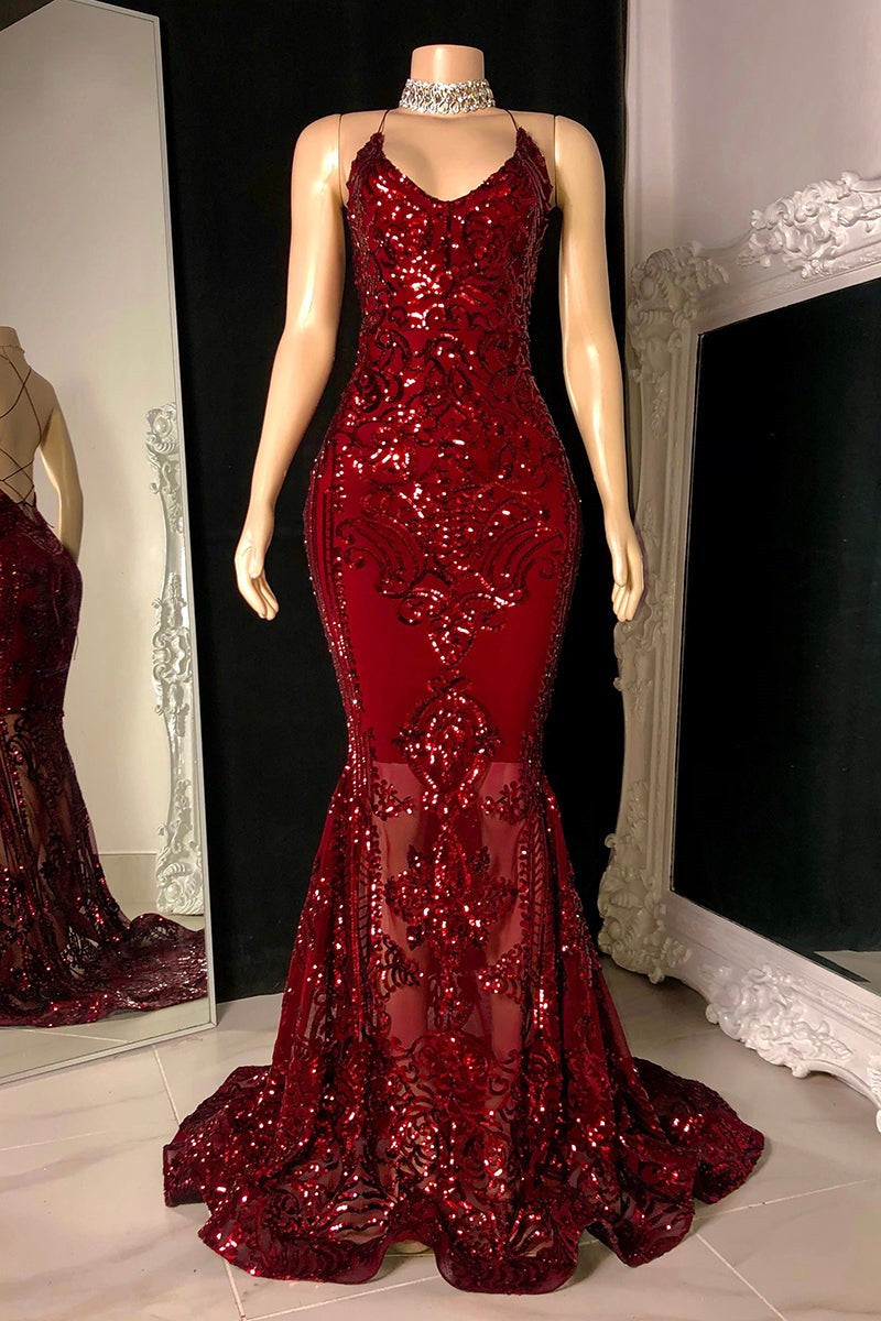 Designer Spaghetti Straps Long Mermaid Lace Sleeveless Prom Dress-misshow.com