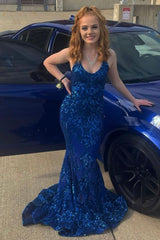 Designer Spaghetti Straps Long Mermaid Lace Sleeveless Prom Dress-misshow.com
