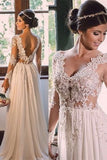 Designer Sweep Train Chiffon V-Neck Lace Backless Wedding Dress