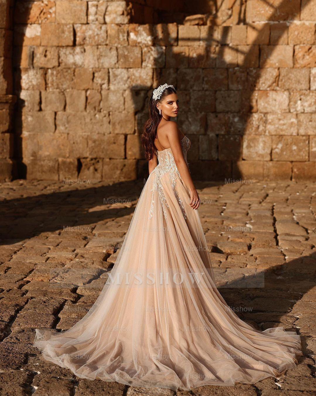 Designer Sweetheart Long A-line Glitter Lace Wedding Dress With Slit Designer Sweetheart Long A-line Glitter Lace Wedding Dress With Slit