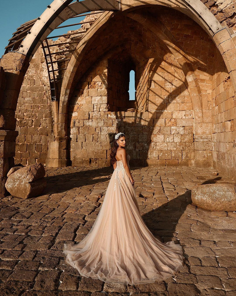 Designer Sweetheart Long A-line Glitter Lace Wedding Dress With Slit – misshow.com