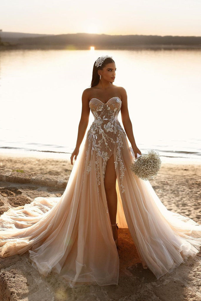 Designer Sweetheart Long A-Line Glitter Lace Wedding Dress with Slit