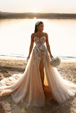 Designer Sweetheart Long A-line Glitter Lace Wedding Dress With Slit