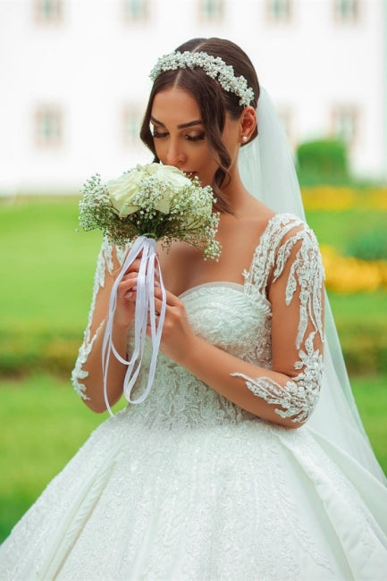 Designer Sweetheart Long White Satin Lace Wedding Dresses With Long Sleeves-misshow.com