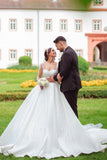 Designer Sweetheart Long White Satin Lace Wedding Dresses With Long Sleeves-misshow.com