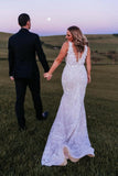 Designer V-Neck Sleeveless Mermaid Wedding Dresses With Lace-misshow.com