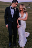 Designer V-Neck Sleeveless Mermaid Wedding Dresses With Lace-misshow.com