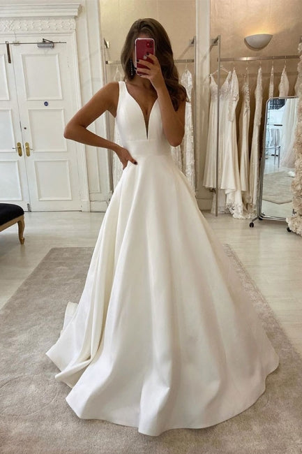 Designer wedding dress V neckline | Wedding Dress A-Line-misshow.com