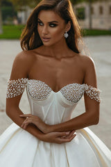 Designer White A-line Off-the-shoulder Wedding Dress With Pearls-misshow.com