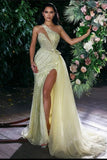 Designer Yellow One Shoulder Sequined Mermaid Prom Dress With Side Slite-misshow.com